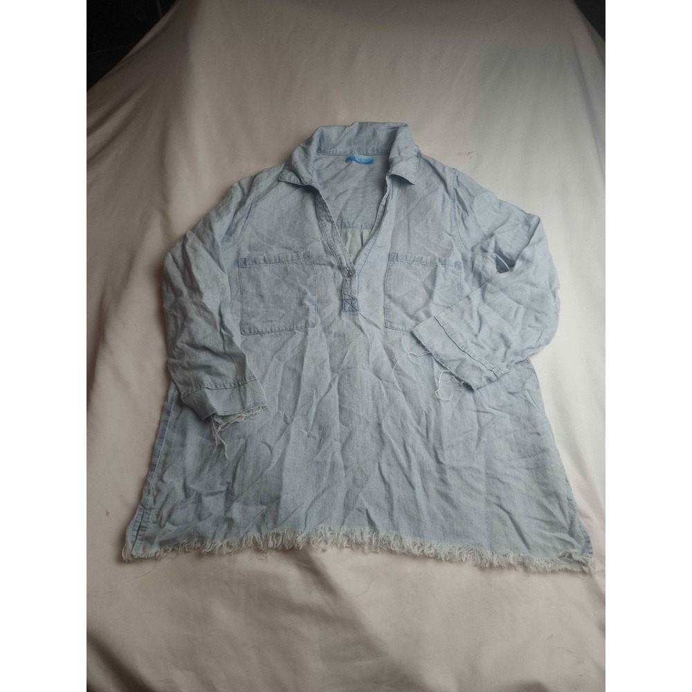Mumu Blue Carlie Shirt Womens Small Blue Twill Distressed Tunic Linen Blend